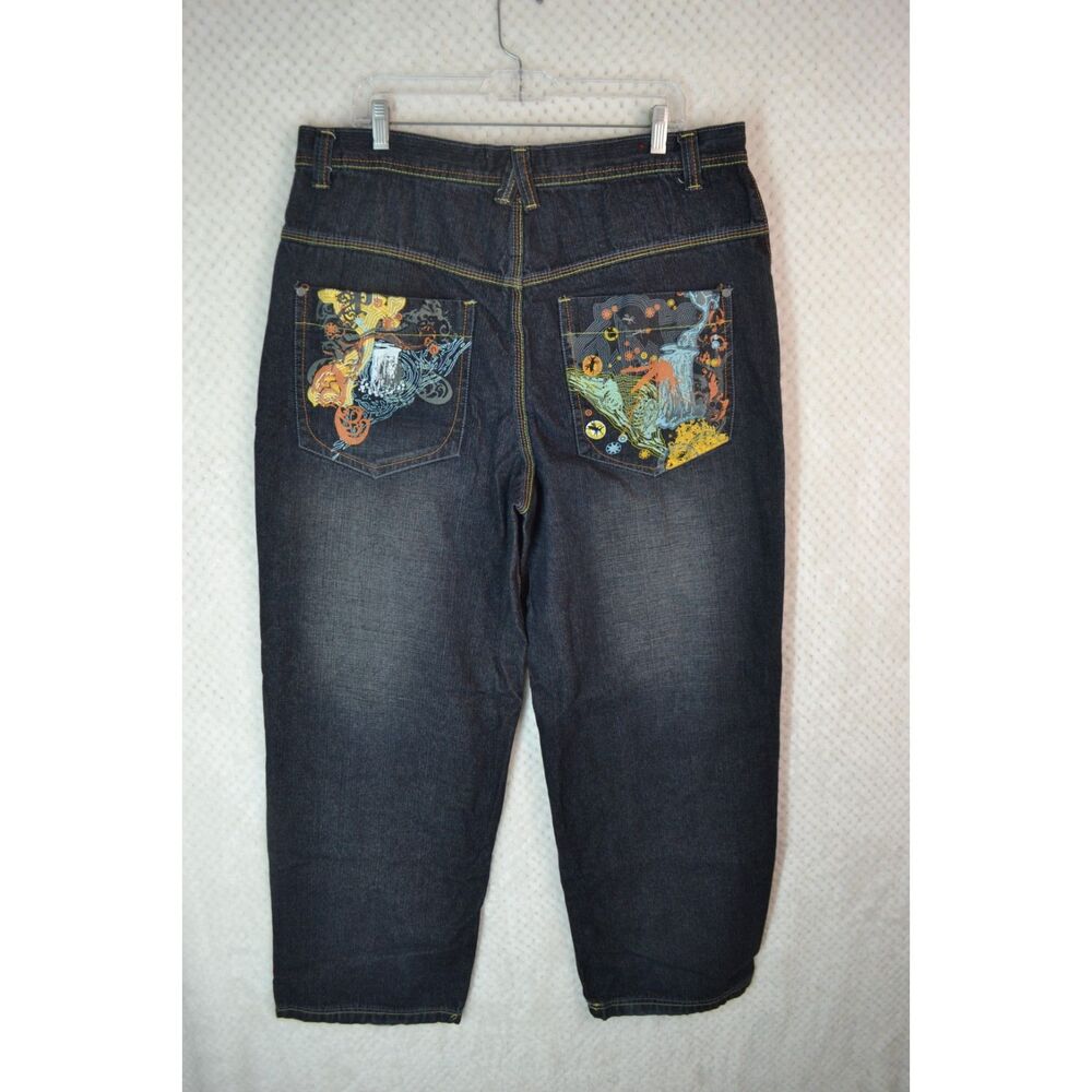 Paco Jeans Men's 38x32 Dark Wash Graphic Print Baggy Y2K Skater Jeans